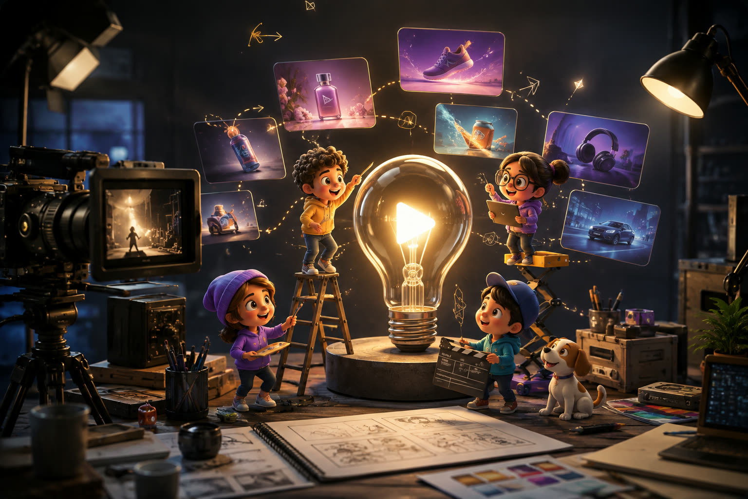 Illustrated studio scene — a crew building product ads around a glowing lightbulb, with fragrance, drink, footwear, headphone and car concepts floating around them